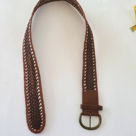 BROWN SILVER WIDE LEATHER BRAIDED WOVEN BELT SIZE MEDIUM BROWN SILVER BRASS - Picture 2 of 5